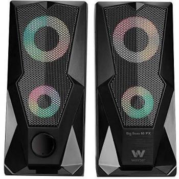 Woxter Big Bass 80 FX - Altavoces estéreo 2.0, Elegantes, con Leds ambientales, Rejilla metálica, 15W de Potencia, conexión USB y estéreo de 3,5mm. Ideal para PC/Smartphones y videoconsolas.