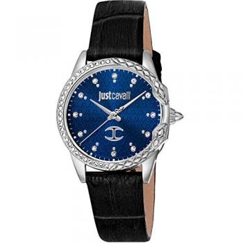 Reloj de Pulsera Analógico Just Cavalli Animalier Diva para Mujer con Correa de Cuero Negra y Dial Azul Noche - JC1L095L0315