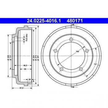 Tambor de freno ATE 24.0225-4016.1, 1 pieza