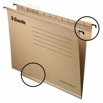 Esselte Classic Folio Prolongado Carpeta Colgante Reforzada - Caja de 50 - 10 Veces Más Resistente - Natural - Visores de Plástico Transparente - Etiquetas Blancas -