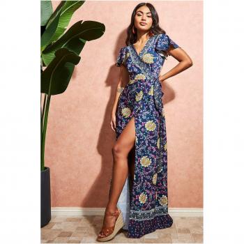 Goddiva Floral Print Maxi Dress with Flutter Sleeves - Navy Print, Size 16 UK