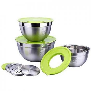 Set de 3 Boles Multifuncionales de Acero Inoxidable con Tapas Herméticas y Discos Ralladores