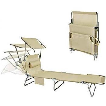 Tumbona Plegable con Parasol Ajustable y Respaldo Reclinable - 4 Posiciones, 150kg Máx, Beige, OGS48-MI