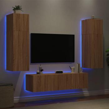Mueble de TV pared con LED 6 piezas madera ingeniería roble Sonoma Marrón