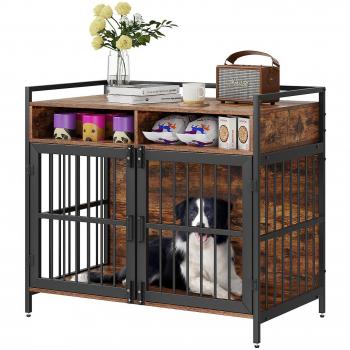 Vevor Rustic Wooden Dog Crate with Storage, 41-inch Double Door Furniture Style for Large/Medium Dogs