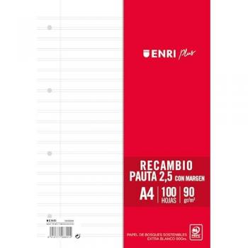 Recambio A4 100 Hojas 90g Pauta 2.5mm con Margen y 4 Taladros ENRI