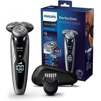 Philips Serie 9000 S9711/41 - Máquina de afeitar con cabezales de 8 direcciones, seco/húmedo y 3 modos, 60 min de batería incluye perfilador de barba con 5 posiciones y funda de viaje, plata