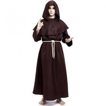 Disfraz de Monje Marrón para Hombre - Incluye túnica larga marrón, capucha, cinturón y detalles en dorado. Ideal para fiestas temáticas, Halloween y representaciones teatrales. Tallas disponibles: S, M