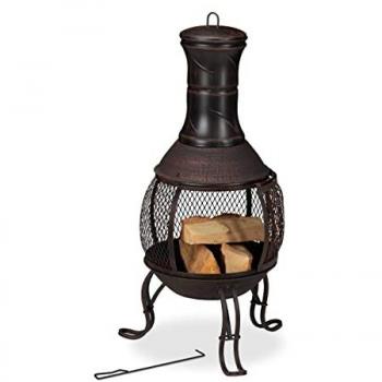 Chimenea Exterior de Acero y Hierro Fundido, 88x36 cm, Brasero Jardín con Salvachispas y Atizador en Bronce Rojizo - Relaxdays