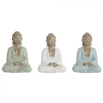 Figura Decorativa Buda Oriental Home ESPRIT Blanco Verde Turquesa 14 x 10,5 x 18,5 cm (3 Unidades)