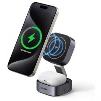 Cargador Inalámbrico Ugreen 2 en 1 Qi2 Magnético Plegable (15W) con Conexión USB-C, Gris