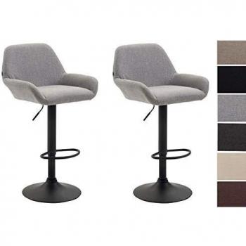 Set de 2 Taburetes Braga Tapizados en Tela Gris y Negro, Regulables en Altura, Con Respaldo y Reposabrazos