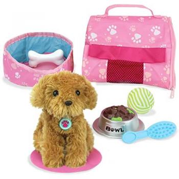 Sophia's by Teamson Kids Plush Puppy with Carrier and Accessories for 18 Dolls - beige