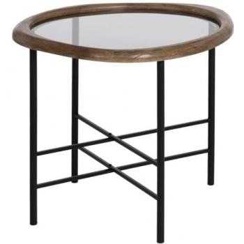 Mesa Auxiliar de Hierro, Cristal y Madera de Caucho Color Natural-Negro 61 x 50 x 53 cm