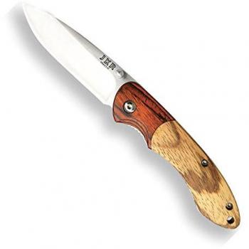 Navaja deportiva JKR0505 con mango de madera, virola stamina, hoja de acero inoxidable de 7,4 cm y longitud total de 17,5 cm