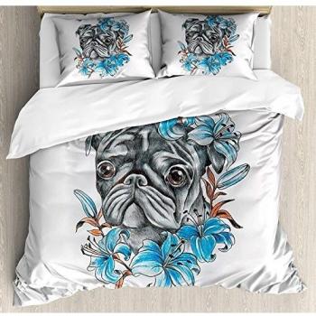 Juego de sábanas de 3 piezas Juego de funda nórdica, linda cara de perro con arreglo floral con hermosas flores Ilustración de diversión animal, juego de fundas de edredón / Qulit de 3 piezas con 2 fu