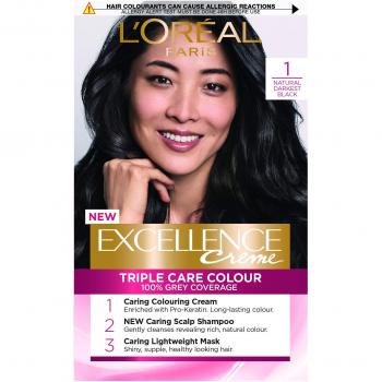 L'Oreal Excellence 1 Natural Darkest Black Permanent Hair Dye, Pack of 3
