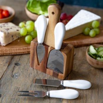Juego de Cuchillos para Cortar Queso Artesà de KitchenCraft, 5 unidades con Soporte de Madera - Blanco/Madera