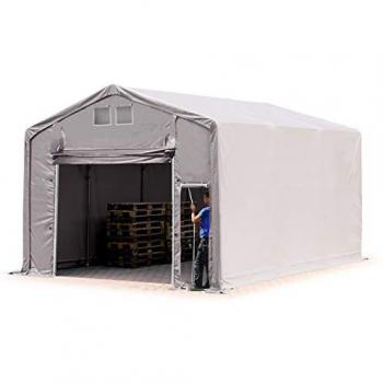 Carpa industrial 6x6 m con altura lateral de 3 m, PVC 850 impermeable gris y puerta levadiza