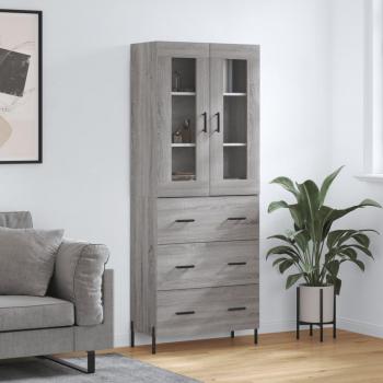 Aparador alto de madera contrachapada gris sonoma 69,5x34x180 cm con 3 cajones, mueble de almacenaje para salón, buffet y armario auxiliar