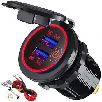 GemCoo QC 3.0 USB Cargador de Coche con Interruptor Táctil Dos Puertos USB de Cargador Rápida 12V / 24V 36W para Adaptador Cargador para Coches, Motos, Motocicleta o Barco