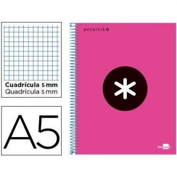 Cuaderno espiral liderpapel A5 micro antartik tapa forrada 120h 100gr cuadro 5mm 5 bandas 6 taladros color rosa.