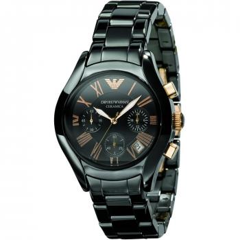 Emporio armani womens ar1411 ceremica watch black bracelet with black dial and rose gold roman numerals