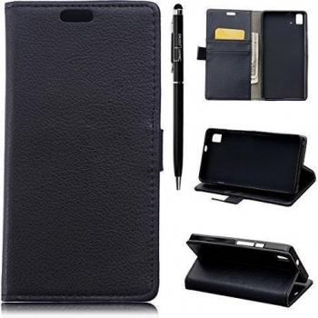 Funda para BQ Aquaris E5 4G LTE, SMART LEGEND BQ E5 Funda de PU Cuero Flip Standing Leather Wallet Case Cover Suave Cáscara Funda con Ranura de Tarjeta Cierre Magnético y función de soporte + 1 X Stylus Pen - Diseño de líneas del lichí Negro