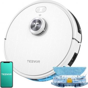 Aspiradora robot Tesvor S7 Pro con función de fregado y succión potente de 6000Pa, navegación láser inteligente, cubo de polvo de 600 ml, tiempo de ejecución prolongado de 180 minutos - Blanco.