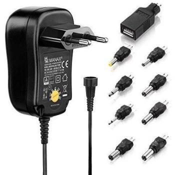 Manax® Fuente de alimentación universal 3/4,5/5/6/7,5/9 y 12 V AC/DC 1000 mA, 9 conectores | adaptador de viaje