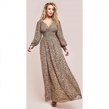 Goddiva Long Sleeve Maxi Dress with Shirred Waistband in Animal Print