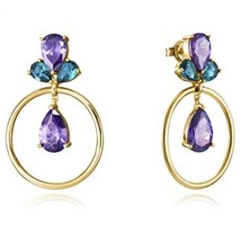 Pendientes Mujer Viceroy 13095E100-99, Pendientes Elegant de plata de ley con baño de oro y cristales de color morado y verde, tamaño 25 x 40 mm, sistema de cierre a presión