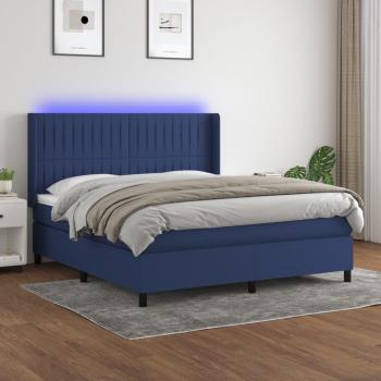 Cama box spring blanda con colchón y luces LED de tela azul 180x200 cm