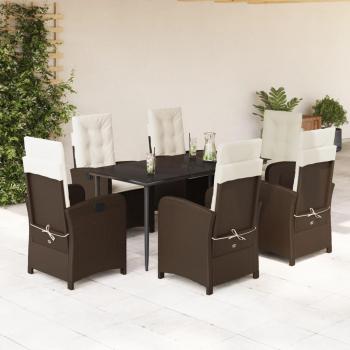 7-Piece Brown Poly Rattan Garden Dining Set with Cushions