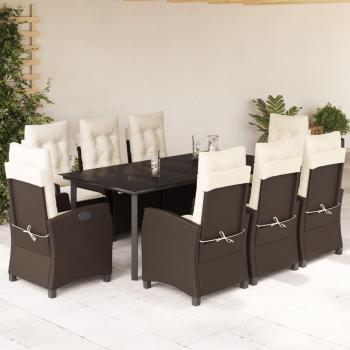 9-Piece Brown Poly Rattan Garden Dining Set with Cushions