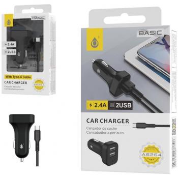 Cargador de Coche 2 Puertos USB Tipo C con Cable de 1m - 5V 2.4A Compatible con iPhone, iPad, Samsung, Huawei y Xiaomi