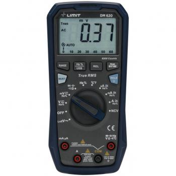 Multímetro Digital Limit DM 620 - Rango de medición de voltaje AC/DC, resistencia, continuidad y prueba de diodos, pantalla LCD retroiluminada, función de retención de datos, diseño compacto y portátil