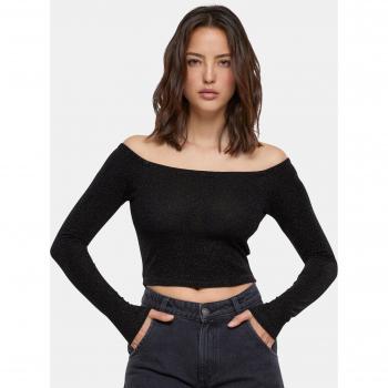 Urban Classics Women's Off Shoulder Glitter Long Sleeve Shirt - Black