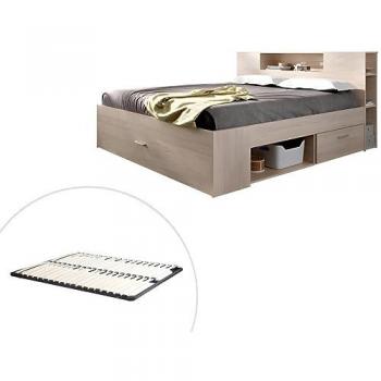 Cama con cabecero con compartimentos y cajones - 160 x 200 cm - Color: natural + Somier - LEANDRE