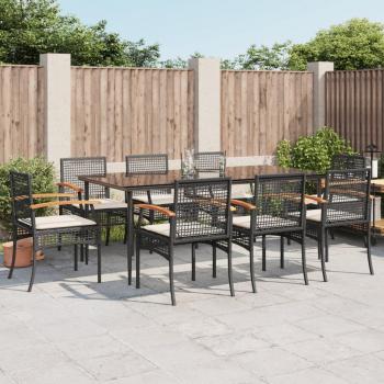 9-Piece Black Poly Rattan Garden Dining Set with Cushions