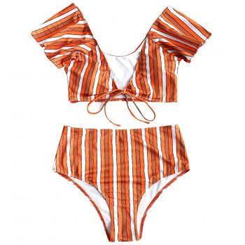 Conjunto de Bikini Mujer Traje de Baño de Dos Piezas a Rayas de Color Naranja Cuello V Manga Corta, XL/EU42