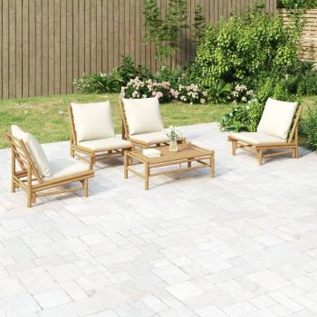 5-Piece Bamboo Garden Lounge Set with Cream White Cushions