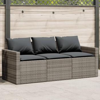 vidaXL Garden Sofa with Cushions 3-Seater Grey Poly Rattan