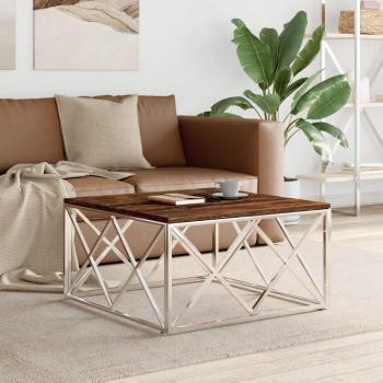 Mesa de centro de acero inoxidable y madera maciza reciclada Vidaxl Plateado - mesa de centro, estructura de acero inoxidable, superficie de madera maciza reciclada, diseño moderno, color plateado