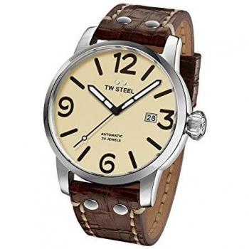 TW Steel Maverick Men's Automatic Watch with Beige Dial Analogue Display and Brown Leather Strap MS26