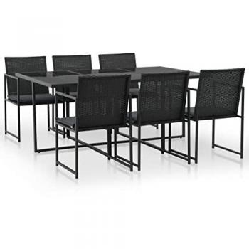 7-Piece Black Poly Rattan Outdoor Dining Set with Cushions