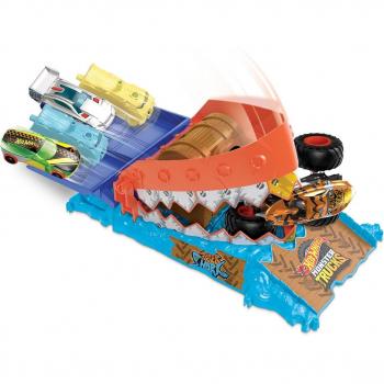 Hot Wheels - Pista Trampa del Tiburón Monster Trucks con figura Tiger Shark Hw Arena Smashers