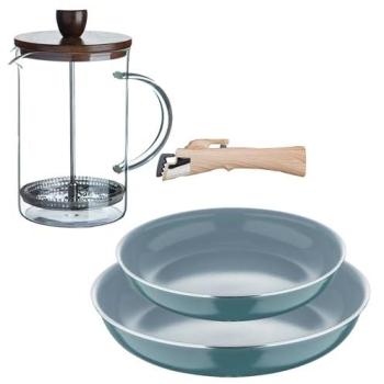 Juego de 2 Sartenes Click&Cook Ø24Ø28cm de Aluminio Reciclado Verde con Mango Extraíble y Delantal de Cocina Gris 100% Algodón