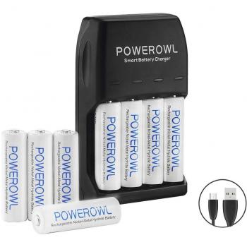 POWEROWL AA AAA Pilas Recargable Cargador Ni-MH Ni-CD con Luces LED, Paquete de 2100mAh Pilas Recargables AA de 8 Piezas