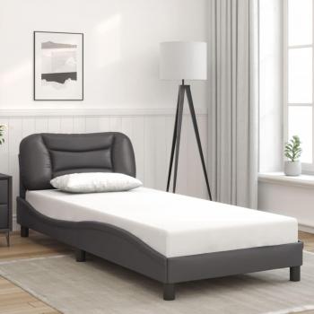 Cama individual 90x190 cm con cabecera de cuero sintético crema